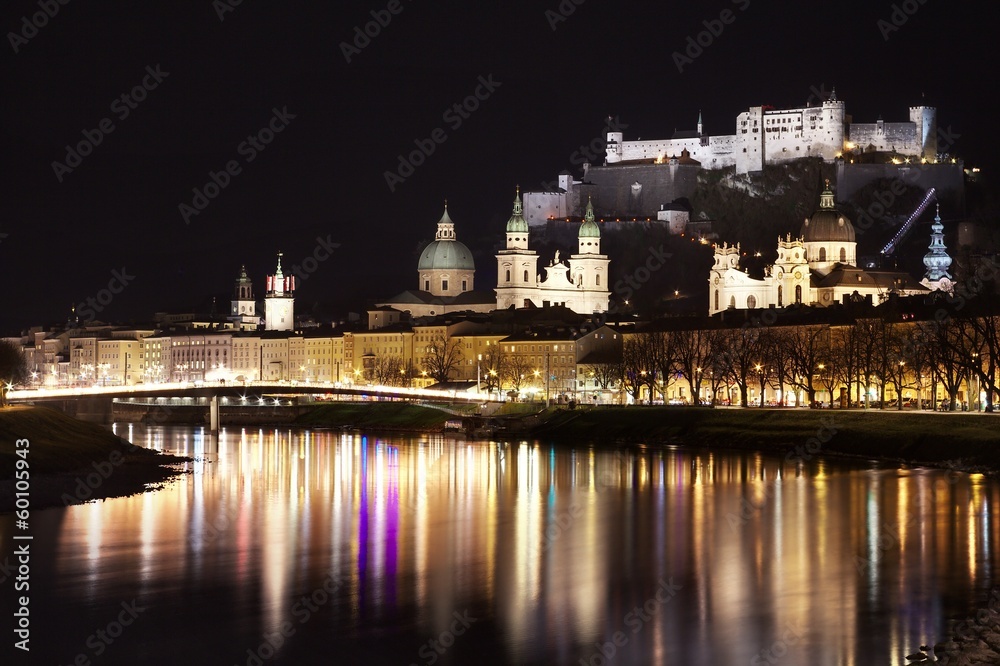 View of the old city of Salzburg, Austria, by night
