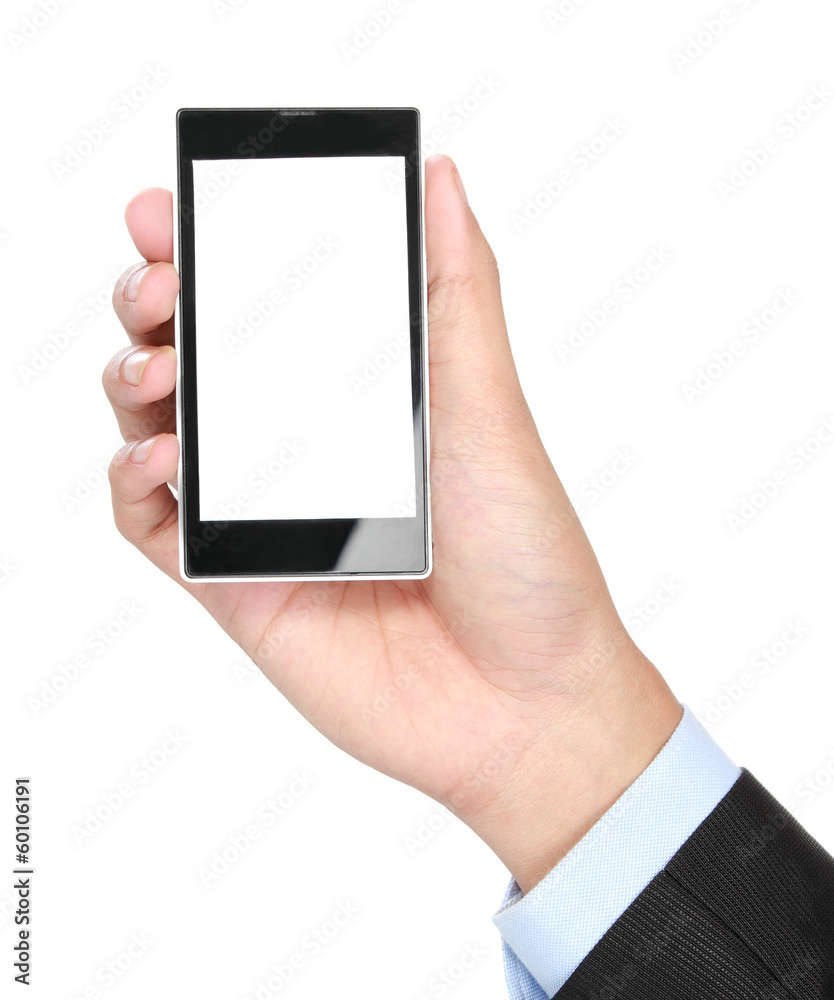businessman Hand holding mobile smart phone with blank screen