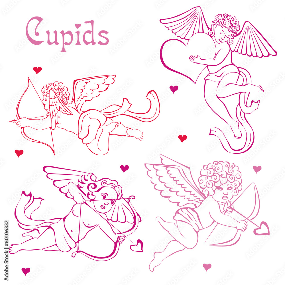 Cupids and hearts. pink silhouettes