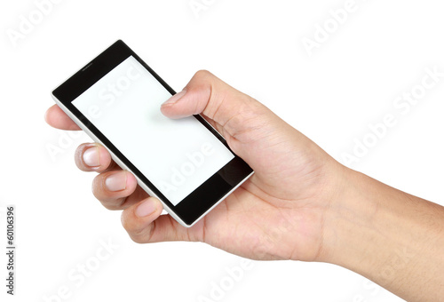 Hand holding mobile smart phone with blank screen