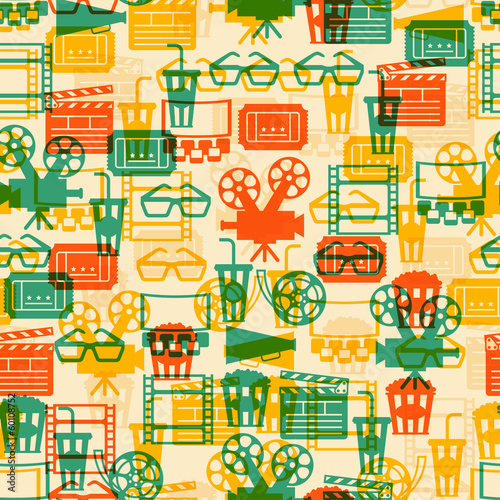 Seamless pattern of movie elements and cinema icons.