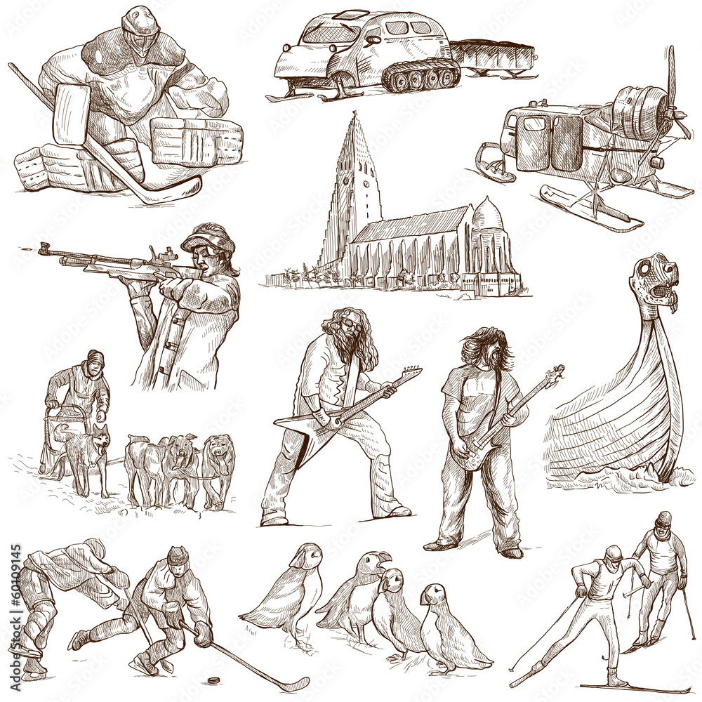 Obraz premium Traveling: SCANDINAVIA set no. 2 - hand drawings on white