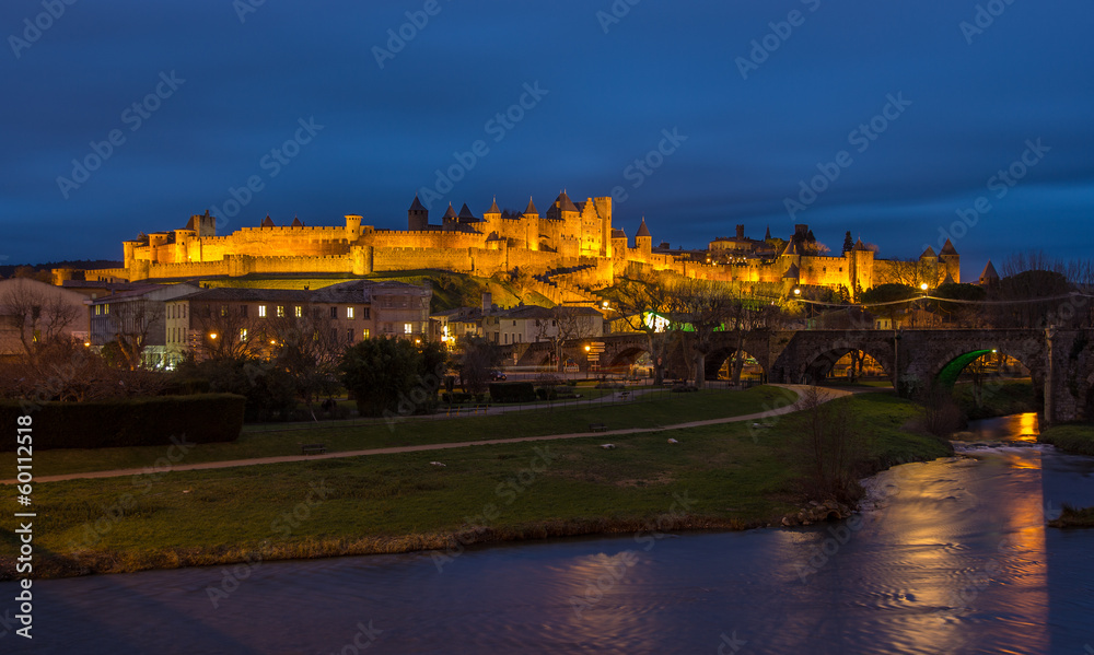 Carcassonne fortress illuminated at evening - France, Languedoc-