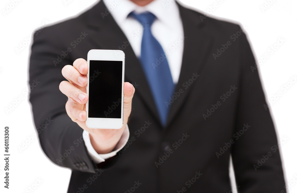 businessman showing smartphone with blank screen businessman showing smartphone with blank screen