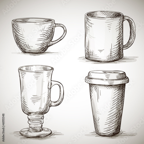 set of coffe mugs sketch style