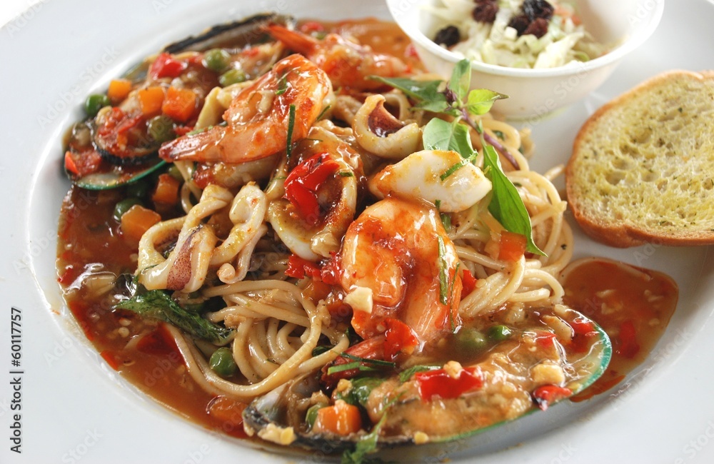 sea food spaghetti basil spicy and sour Asian sauce sea food spaghetti basil spicy and sour Asian sauce