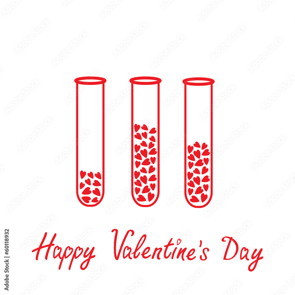 Love test tubes with hearts inside. Happy Valentines Day card. Love test tubes with hearts inside. Happy Valentines Day card.