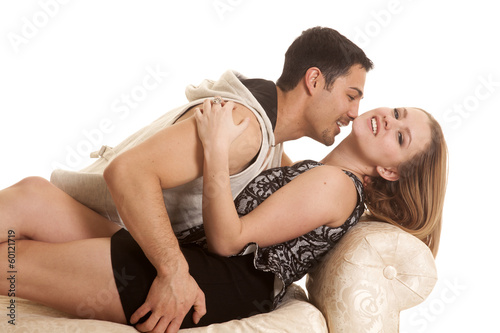 Woman lay head back man by neck smile
