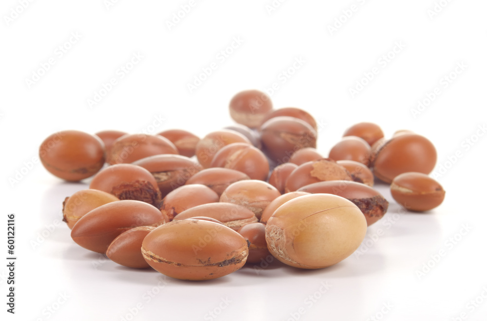 Close up of group of argan nuts on a white background. Close up of group of argan nuts on a white background.