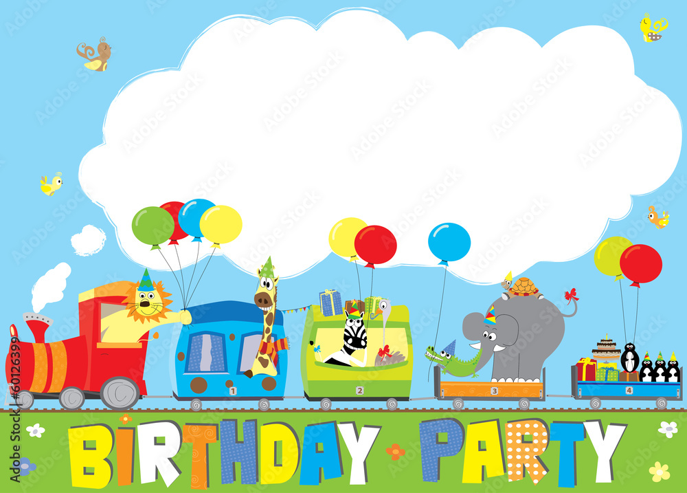 birthday party invitation with animals train,balloons,cake