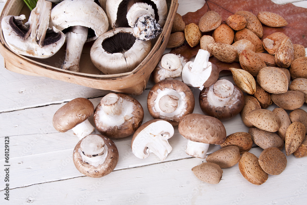 Still life with mushrooms and almonds fall season Still life with mushrooms and almonds fall season