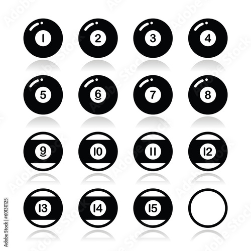 Pool ball, billiard or snooker ball icons set