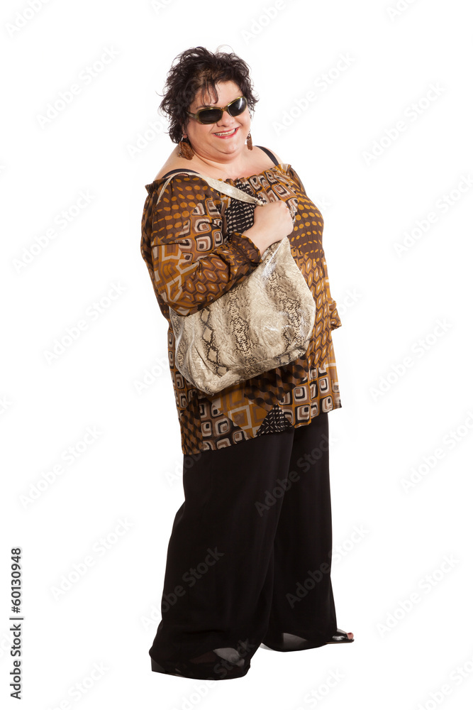 portrait of cheerful woman with her bag