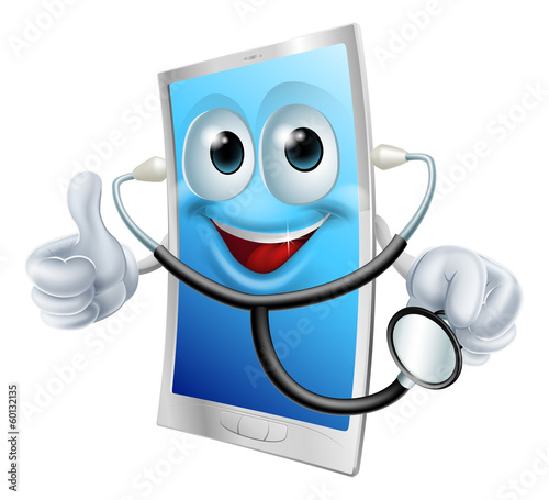 Mobile phone character holding a stethoscope