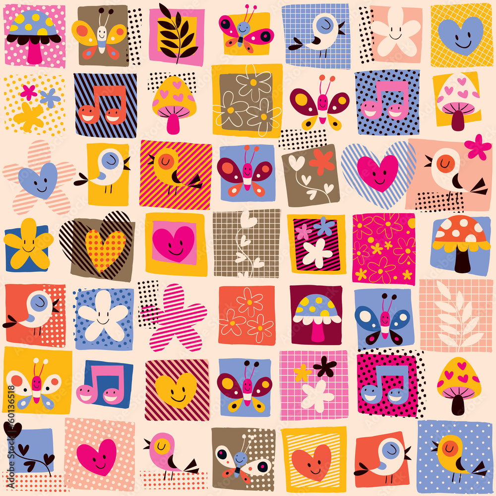 Obraz premium cute flowers, birds & hearts pattern