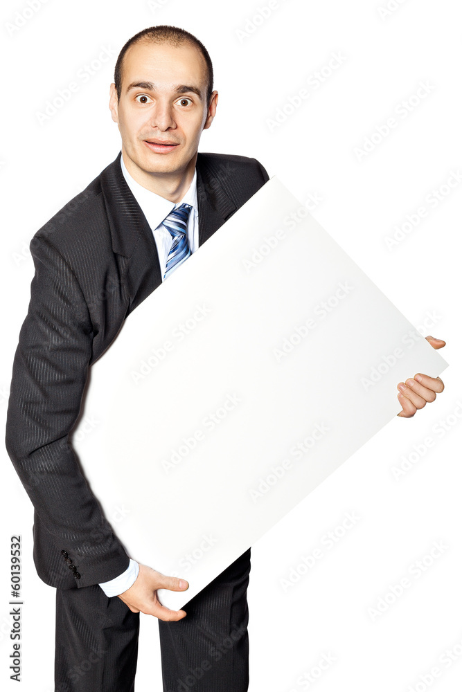 Man holds the poster. Man holds the poster.