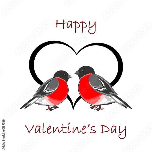 A couple of cute bullfinches (pyrrhula) with a heart. Valentine'