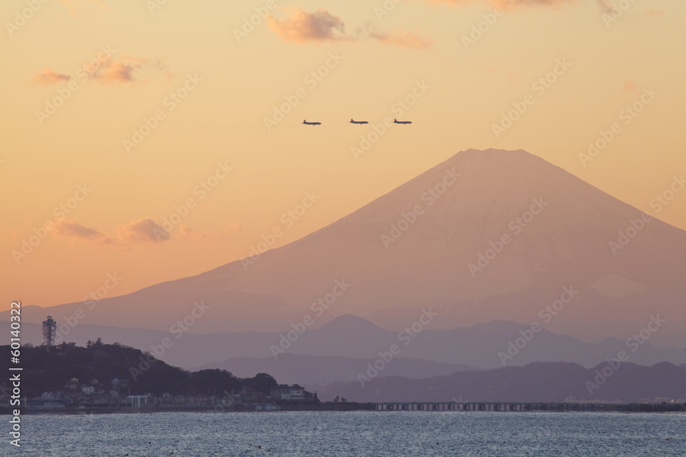 Mountain Fuji at sunset time from Sagami bay , Kamakura city Mountain Fuji at sunset time from Sagami bay , Kamakura city