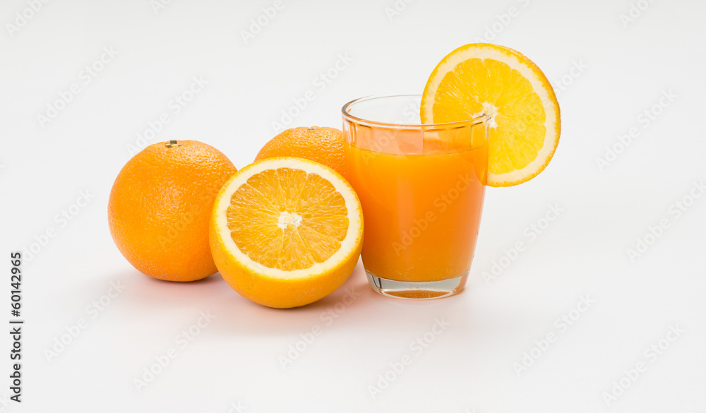 Orange juice and slice on white background Orange juice and slice on white background