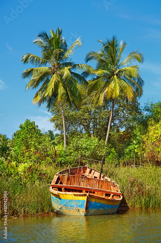 Fishing boat on the shore of a tropical river. GOA, Chapora Rive