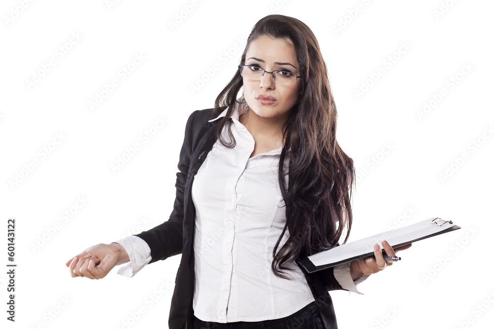 confused young business woman posing with a clipboard confused young business woman posing with a clipboard