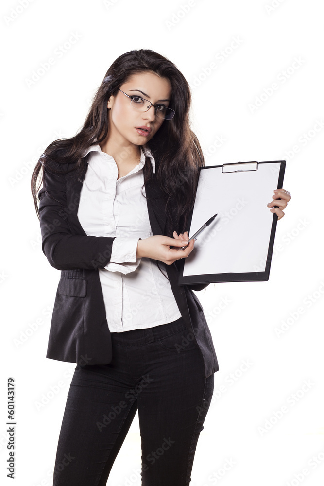 beautiful young business woman posing with a clipboard beautiful young business woman posing with a clipboard