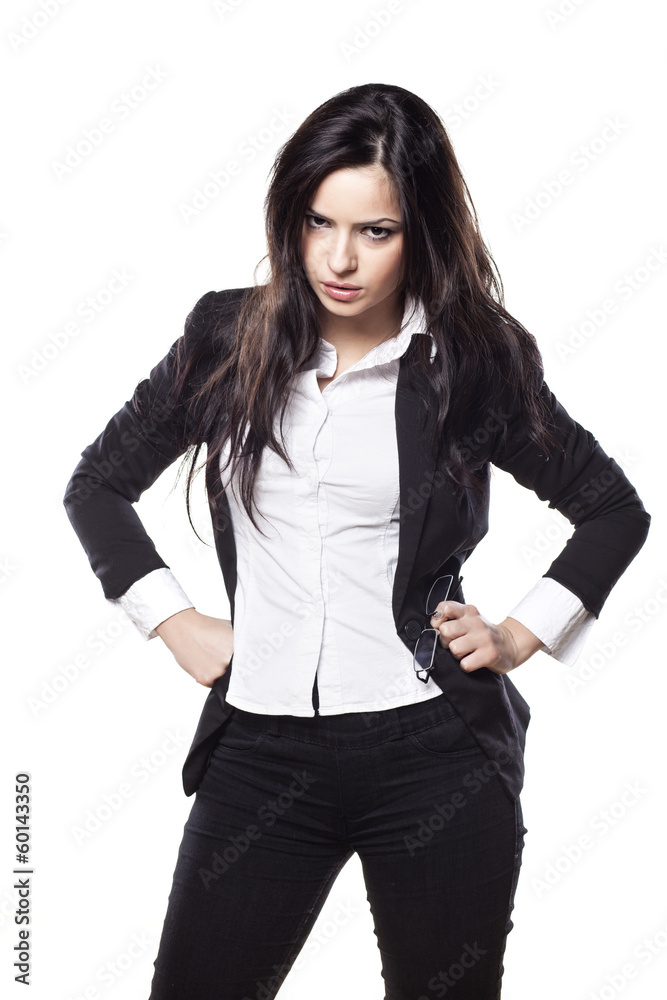 frowning young business woman posing on a white background frowning young business woman posing on a white background