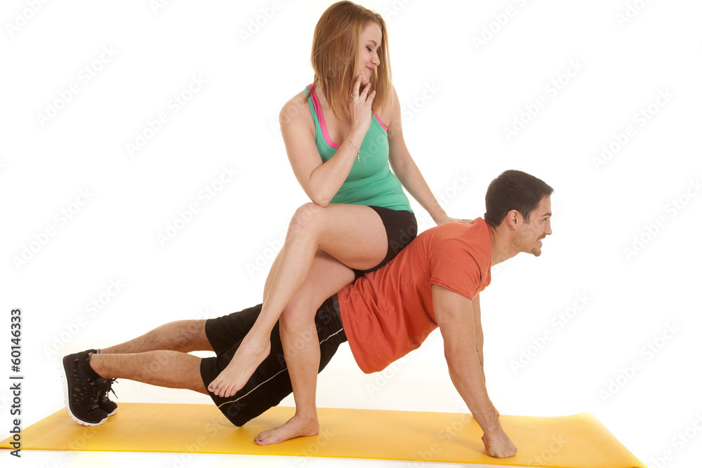 man pushup woman sit on back look down at him man pushup woman sit on back look down at him