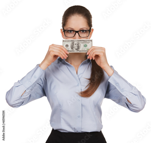 Obraz na plátně Girl holding a hundred dollar bill