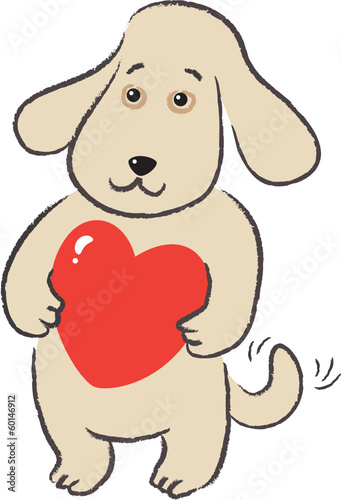 Dog holds in paws gift-heart for Valentine's Day