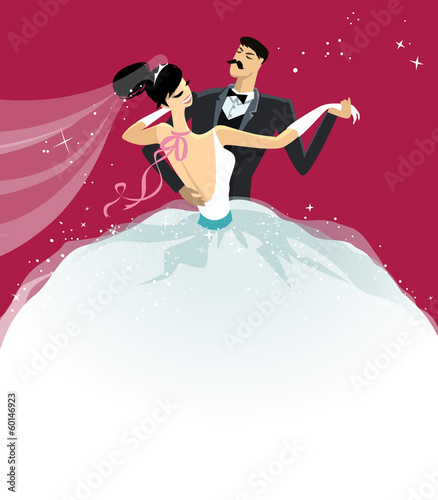 Wedding Illustration of a Happy Dancing Couple Just Married