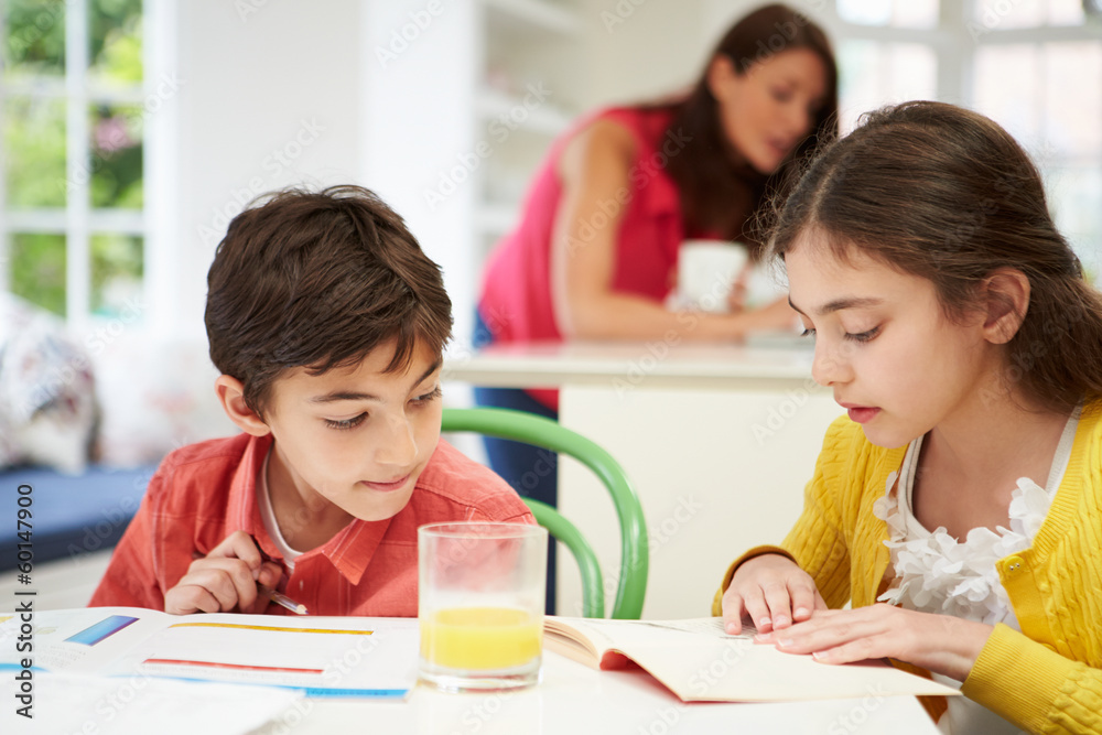 Children Doing Homework As Mother uses Laptop In Background Children Doing Homework As Mother uses Laptop In Background