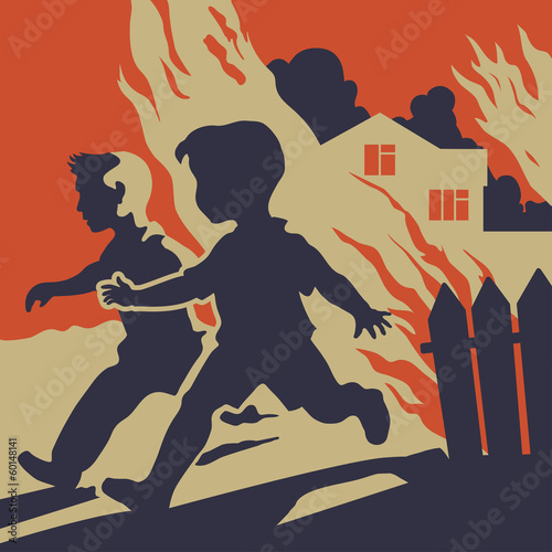 Children running away from fire flames