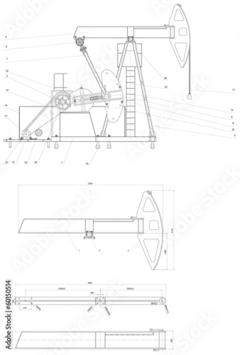 Engineering drawing of the pumping unit. Vector format