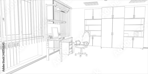 Room. Computer table, chair and window. Vector format