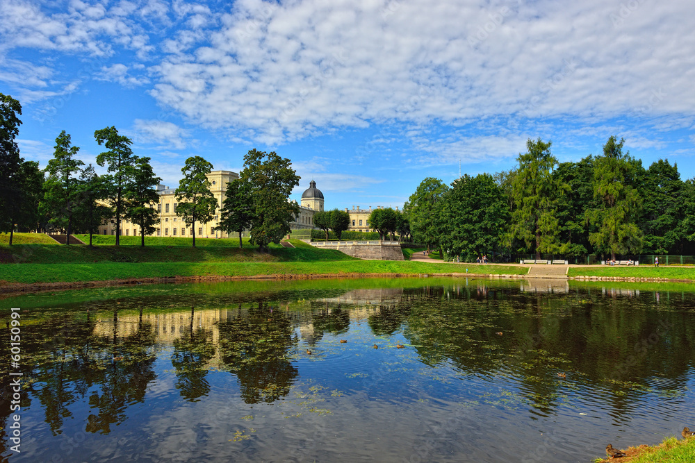 The pond and palace in Gatchina garden.