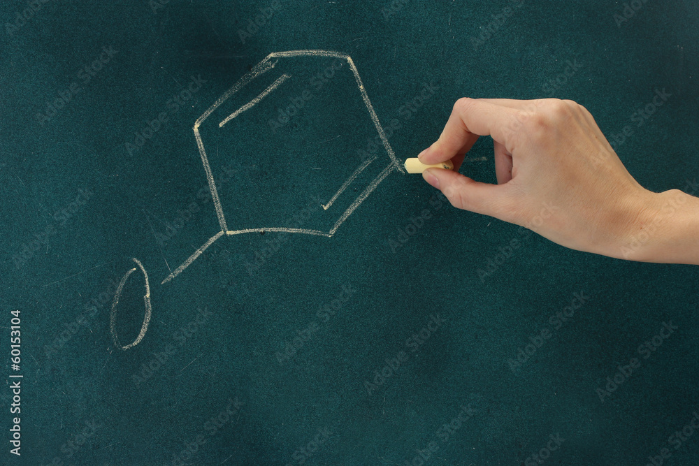 Chemical structure formula written on blackboard with chalk.