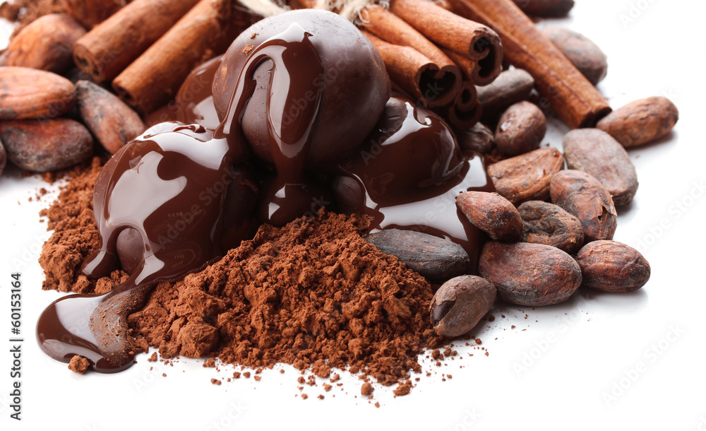 Composition of chocolate sweets, cocoa and spices, isolated Composition of chocolate sweets, cocoa and spices, isolated
