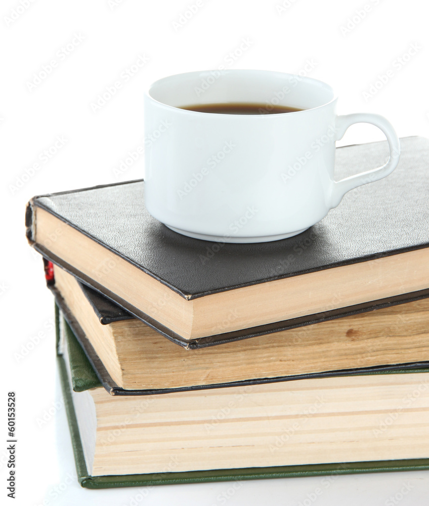 Cup of coffee and books isolated on white Cup of coffee and books isolated on white