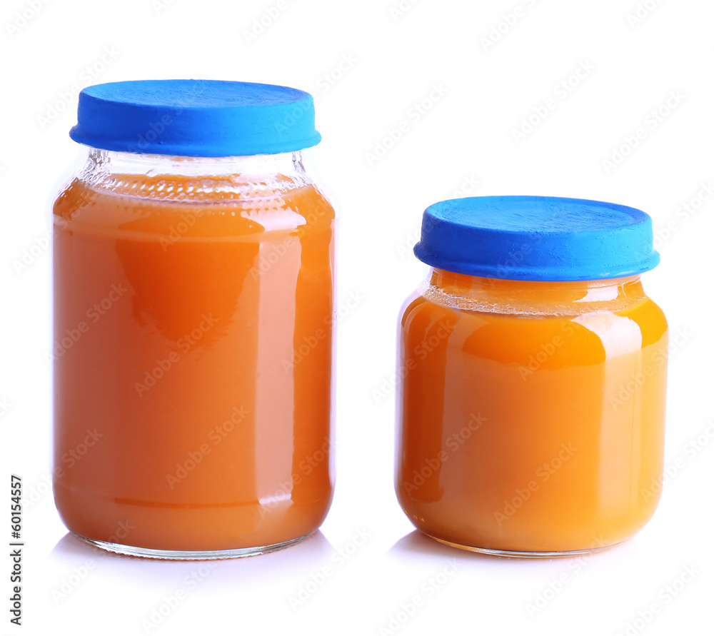 Baby food in glass jars, isolated on white Baby food in glass jars, isolated on white