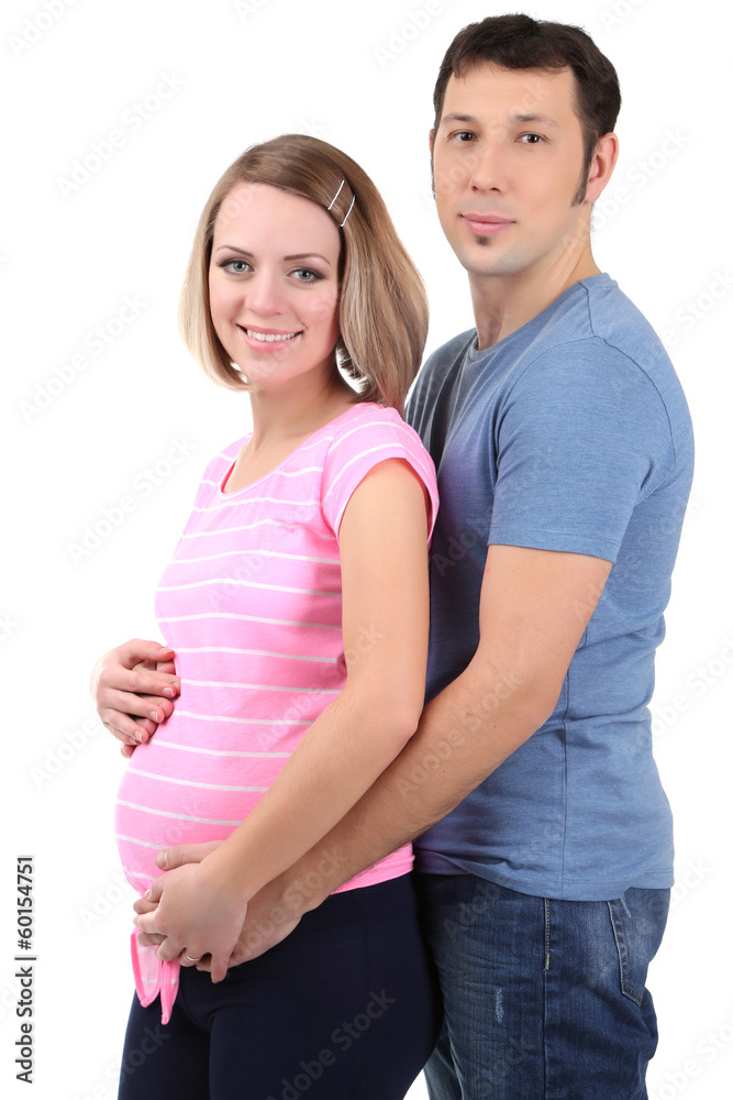 Young pregnant woman with her husband isolated on white Young pregnant woman with her husband isolated on white