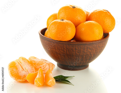 Ripe tangerines in bowl isolated on white