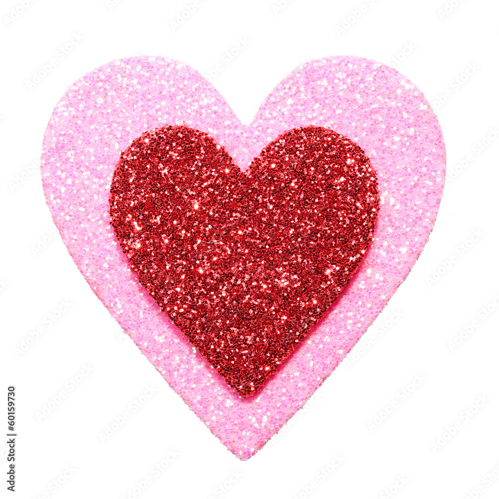 Glitter Red and Pink Hearts isolated on white. Macro.