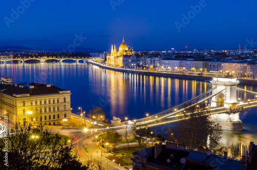 Budapest  night view on Danube  Parliament and Chain Bridge