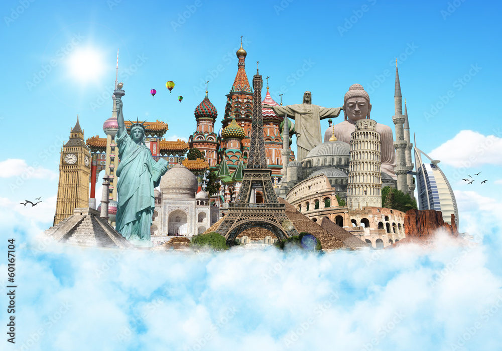 Travel the world monuments clouds concept