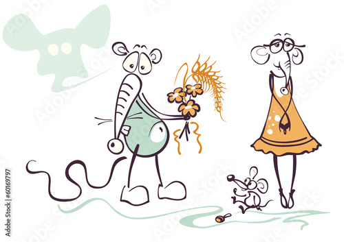 Mouse giving flowers and wheatear to his sugar baby
