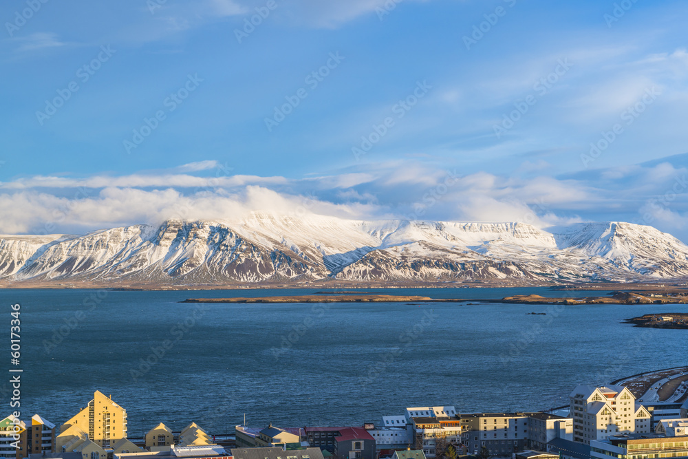 View of Reykjavik and mountains across the harbor, Iceland