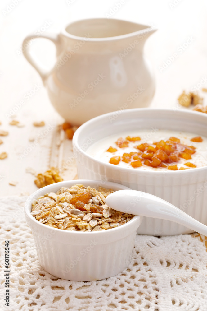 Healthy breakfast. Muesli and apple yogurt Healthy breakfast. Muesli and apple yogurt