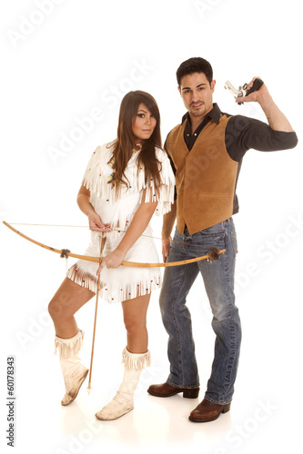 Cowboy and Indian woman gun back bow