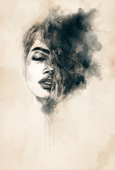 Fotobehang Aquarel portret Geschilderd vrouwengezicht expressieve aquarel tinten  © Anna Ismagilova